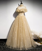 Champagne Long Prom Dress, Aline Champagne Graduation Dress with Beading